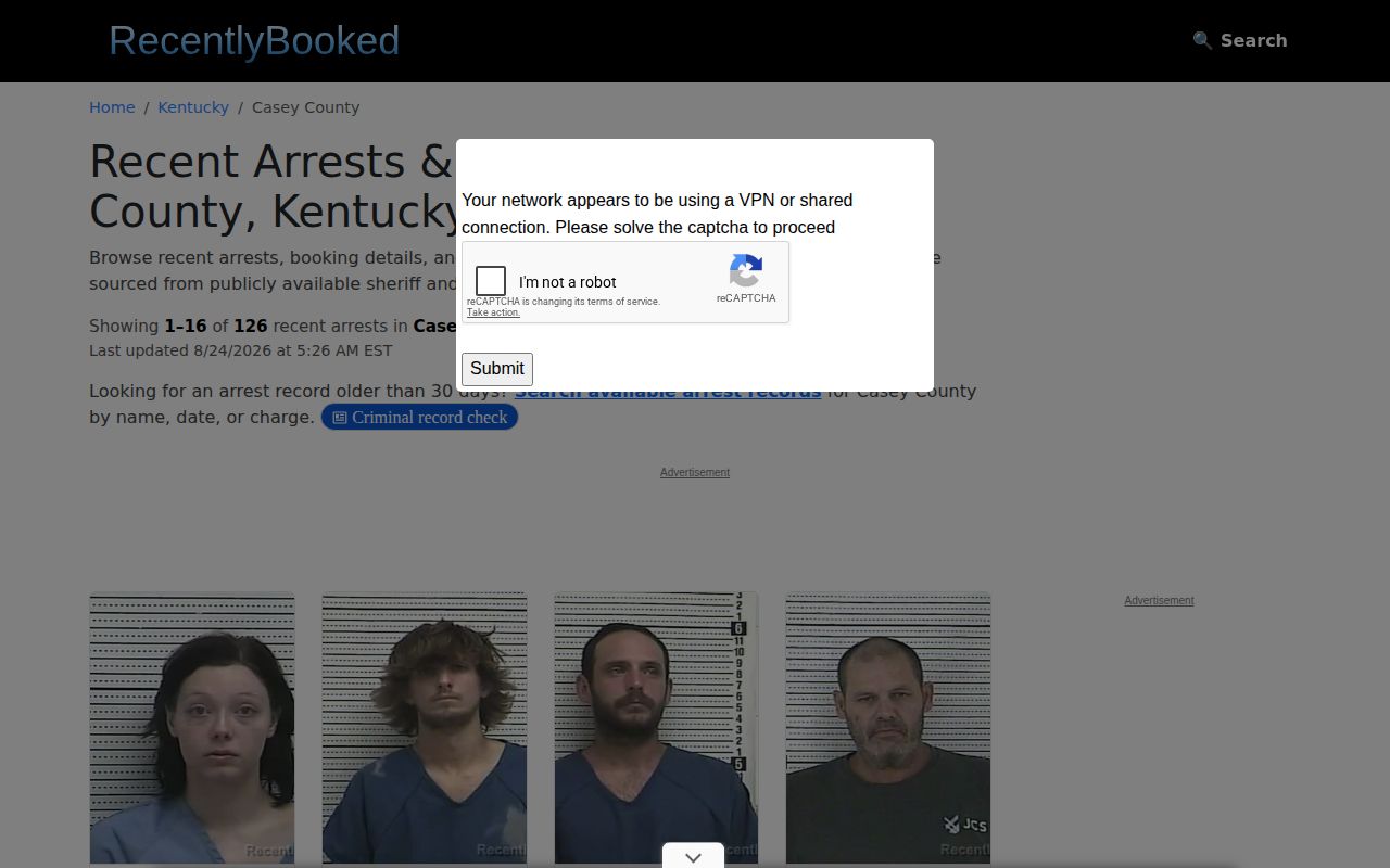 Unofficial Recently Booked Casey County page shown for source comparison
