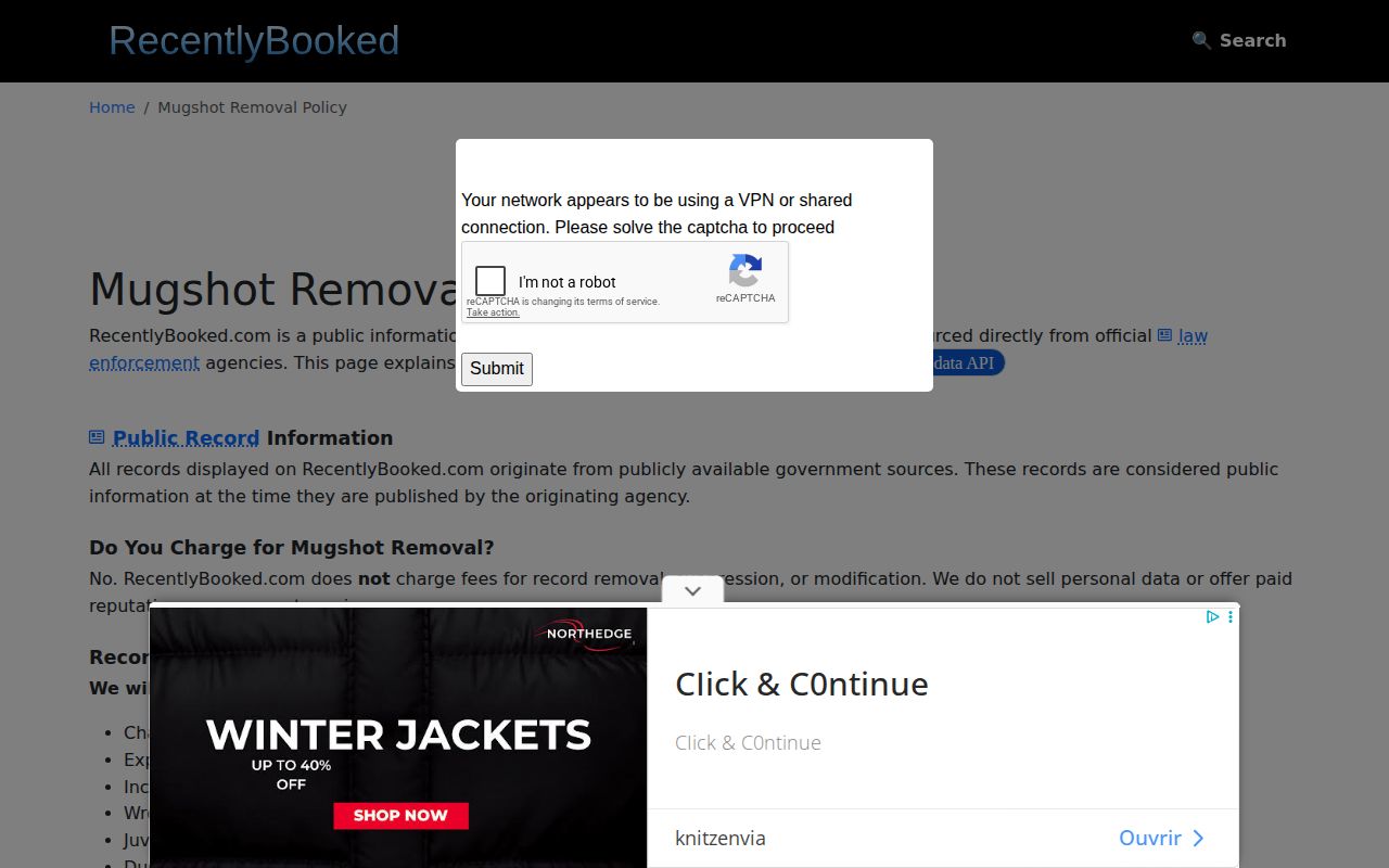 Recently Booked free mugshot removal policy and documentation route