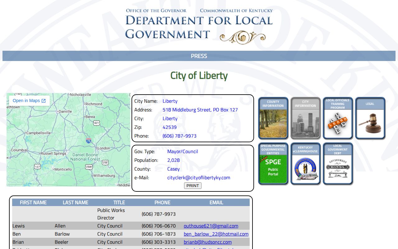 Liberty Kentucky city profile for police and arrest record contacts