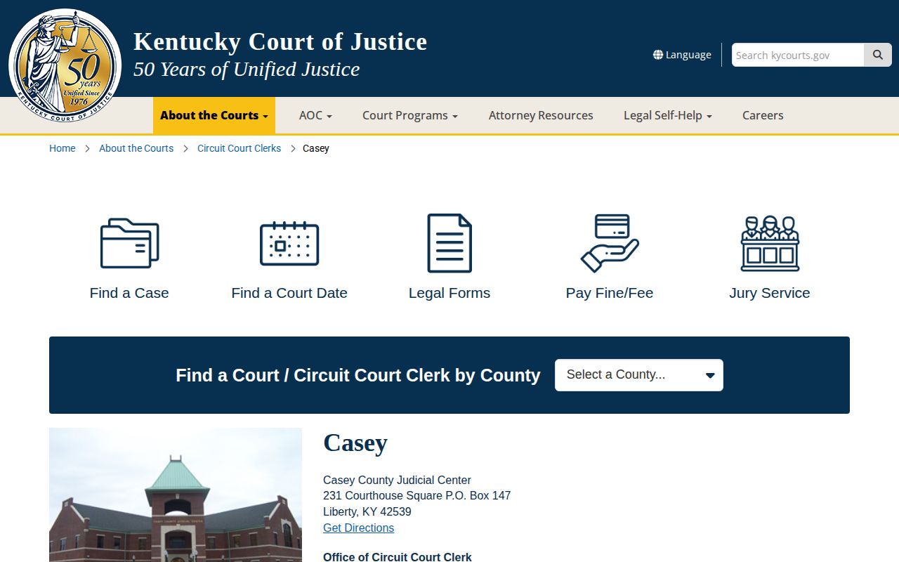Kentucky Courts Casey County clerk and court records page